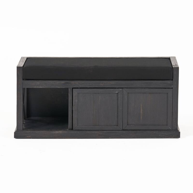 Entryway Bench with Storage and Cushion, Shoe Bench Sliding Door, Shoe Rack Organizer with Adjustable Shelves, 2 Open Shelves