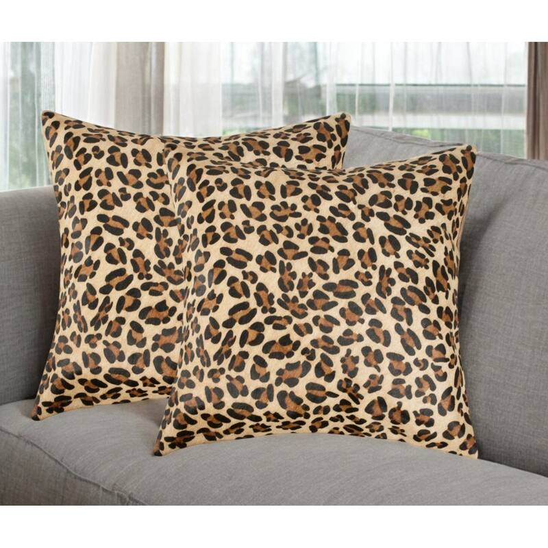 Set of Two 18" Brown and Black Leopard Cowhide Throw Pillows - Brown