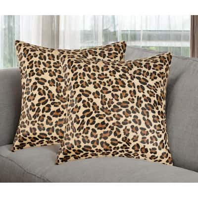 Set of Two 18" Brown and Black Leopard Cowhide Throw Pillows