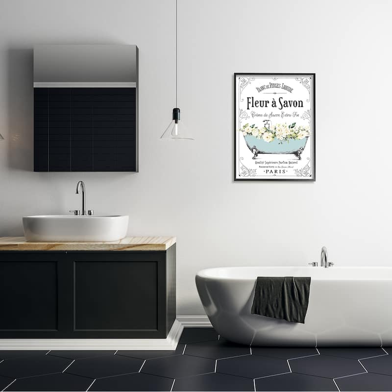 Stupell Vintage Parisian Bathroom Advertisement Floral Blue Tub Framed Wall Art - White