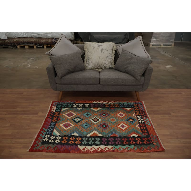 Hand Woven Oriental 100% Wool Carpet Southwestern Geometric Greys & Charcoal Kilim Area Rug - 4' 11'' X 3' 9''