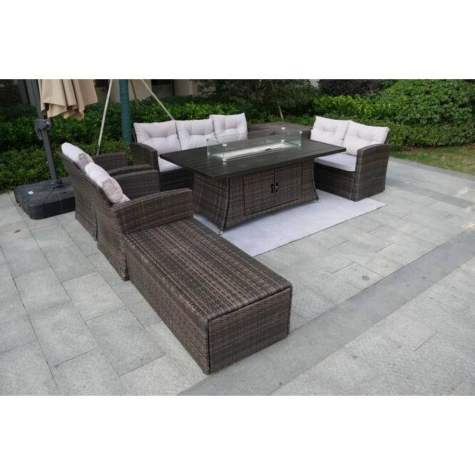 7-Piece Patio Wicker Sofa Set With Aluminum Dining Table and Storage End Table