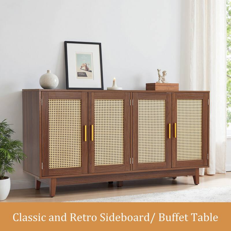 Rattan Accent Cabinet Storage Sideboard Buffet with 4 Doors