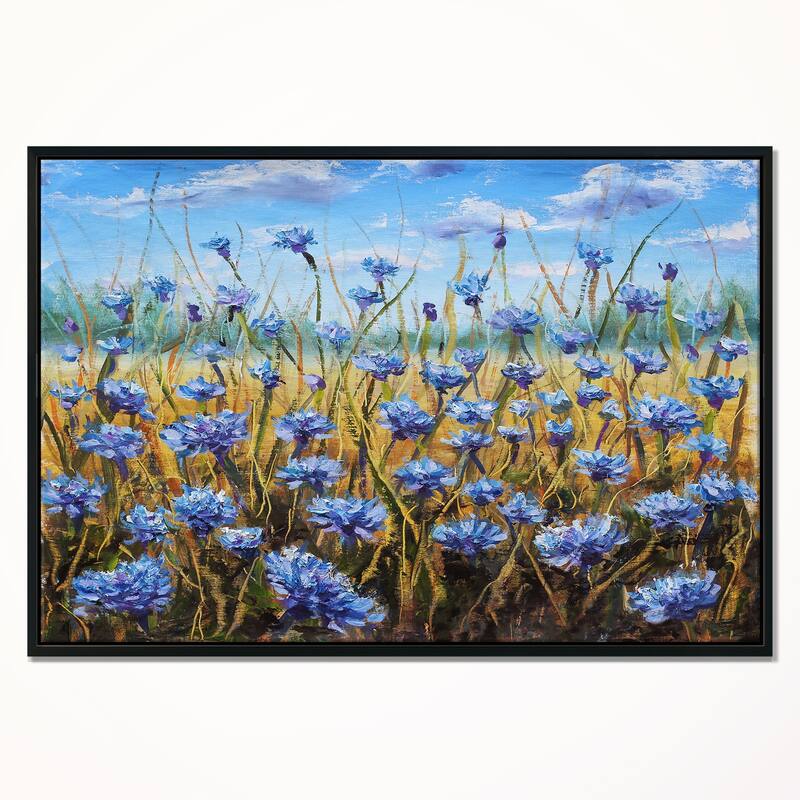 Designart "Blue Flowers in Meadow " Floral Framed Canvas