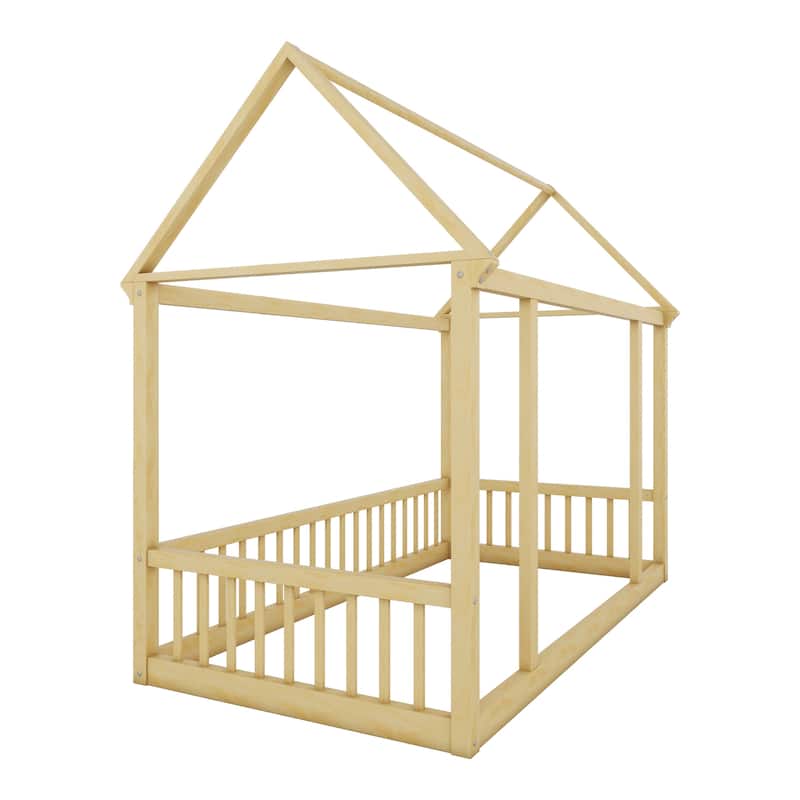 Pine Wood Floor Wooden Bed with House Roof Frame and Safety Guardrails