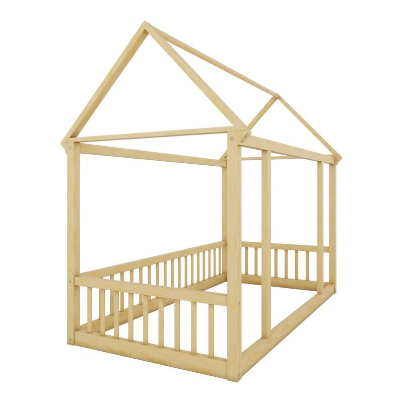 Twin/Full Size Floor Bed with Wooden House Roof Frame and Safety Guardrails for Children's Bedrooms, Small Space