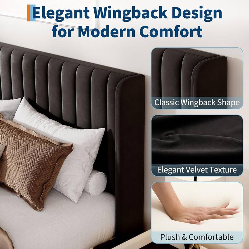 Velvet Upholstered Platform Bed Frame with Tufted Wingback Headboard, No Box Spring Needed