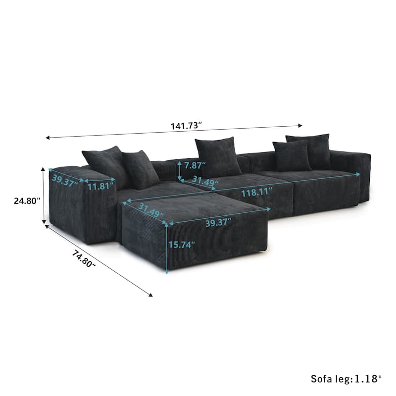 141.73'' L-shaped Corduroy Sectional Sofa Oversized Cloud Couch with Ottoman