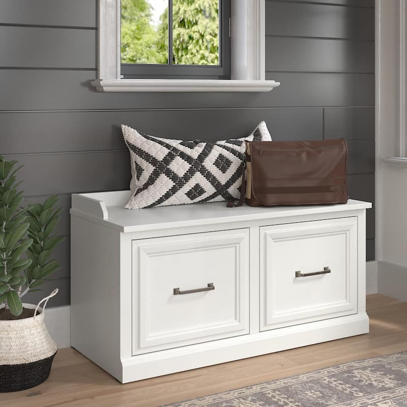 Woodland 40W Shoe Storage Bench with Doors by Bush Furniture - White Ash