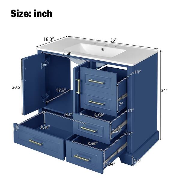 dimension image slide 3 of 4, 36" Traditional Bathroom Vanity with Ceramics Sink, Bathroom Cabinet with Two Soft Close Doors and Four Drawers
