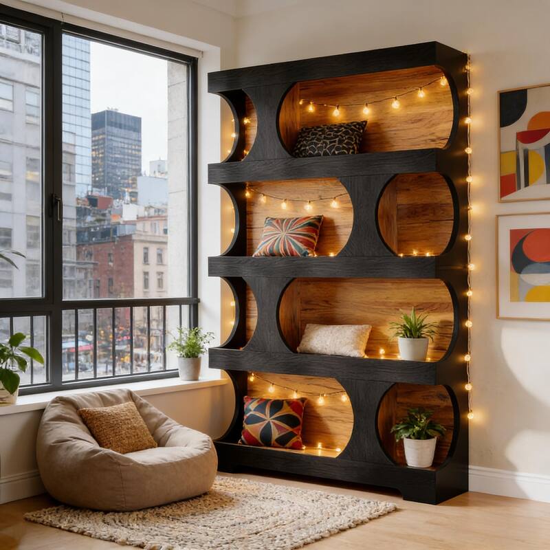 S-Shaped Bookshelf, Contemporary Freestanding Bookcase with Generous Display Space