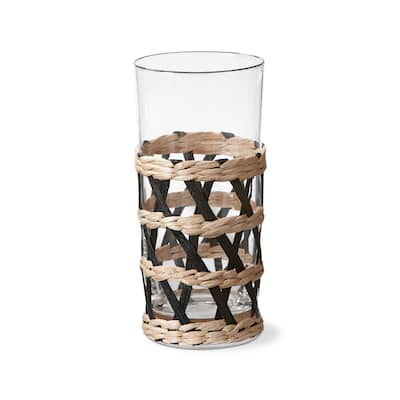 Island Collection Clear Glass High Ball Glass Drinkware with Black and Natural Cattail Braided Sleeve, 16 oz.