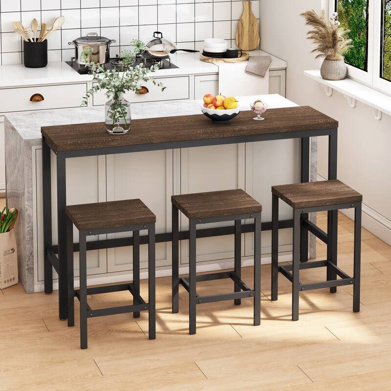 4-Piece Dining Set with Dining Table and 3 Dark Brown Stools