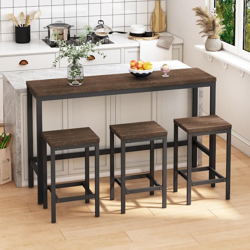Long Dining Table Set with 3 Stools Pub Kitchen Set Side Table with Footrest