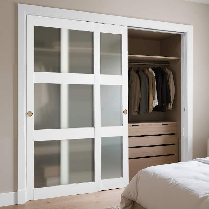 White Wood MDF Sliding Closet Doors with Frosted Glass Panels