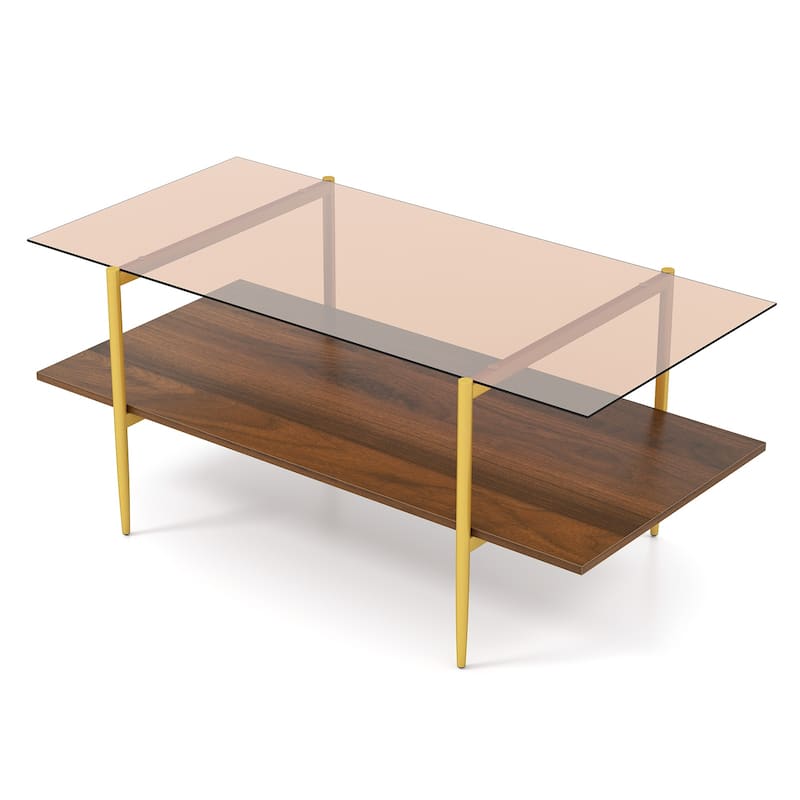 2-Tier Brown and Gold Coffee Table with Tempered Glass Top and Storage Shelf Modern Living Room Decor - 41" x 21" x 17.5"