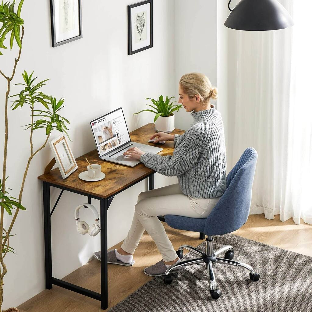 Wooden Small Computer Desk with Side Storage and Hooks, 55 Inch Rectangular Work Desk Home Office Writing Desk