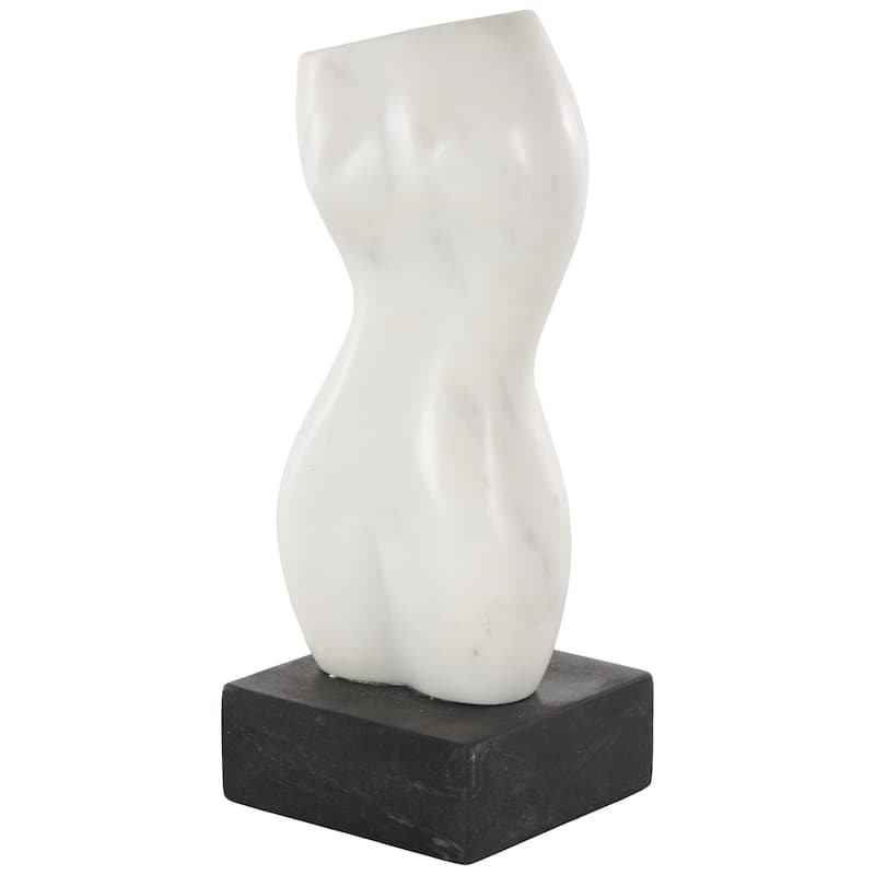 White Marble Abstract Female Form Woman Decorative Sculpture with Black Block Base - White