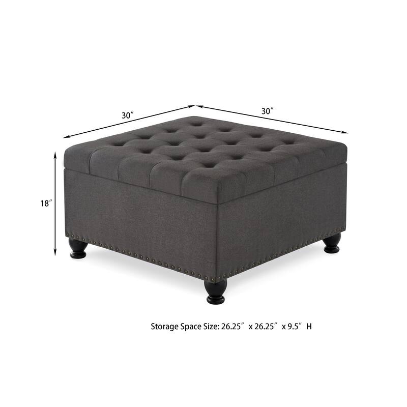 Large Square Storage Ottoman Upholstered Button Tufted Coffee Table - 30"W x 30"D x 18"H.