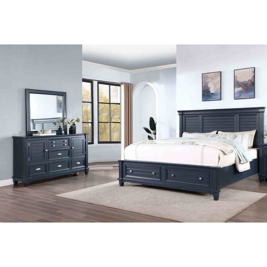 Solid Wood Blue Finish Modern Bedroom Set 3pc