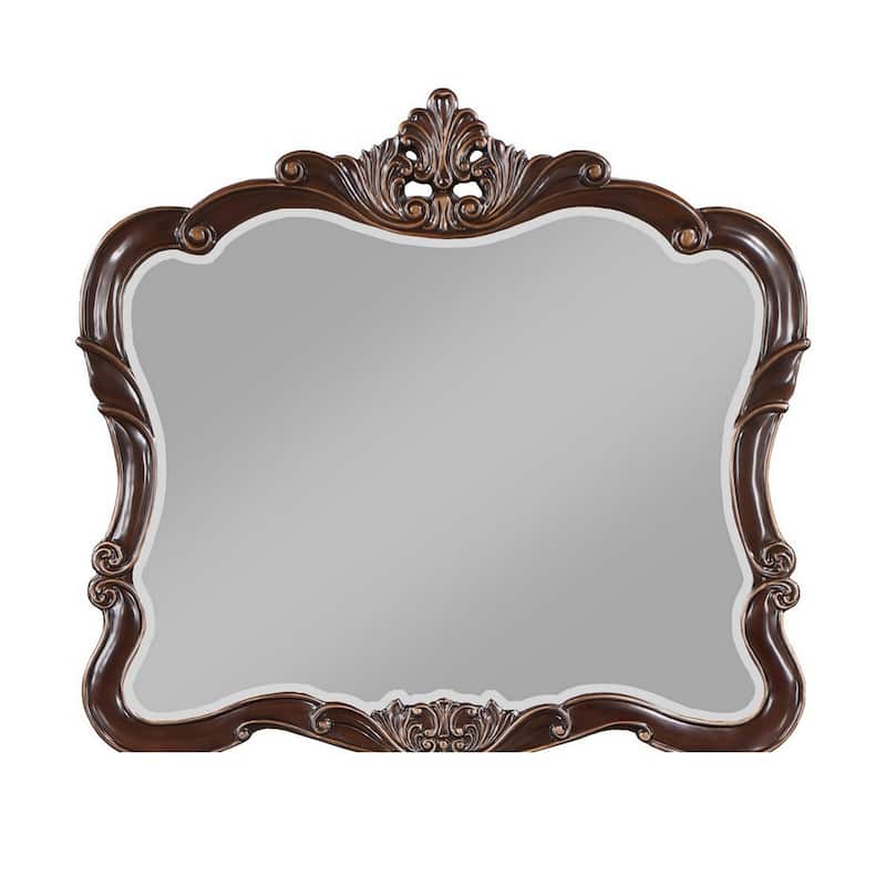 Leon 46 x 47 Dresser Mirror, Beveled, Carved Details, Dark Walnut Finish