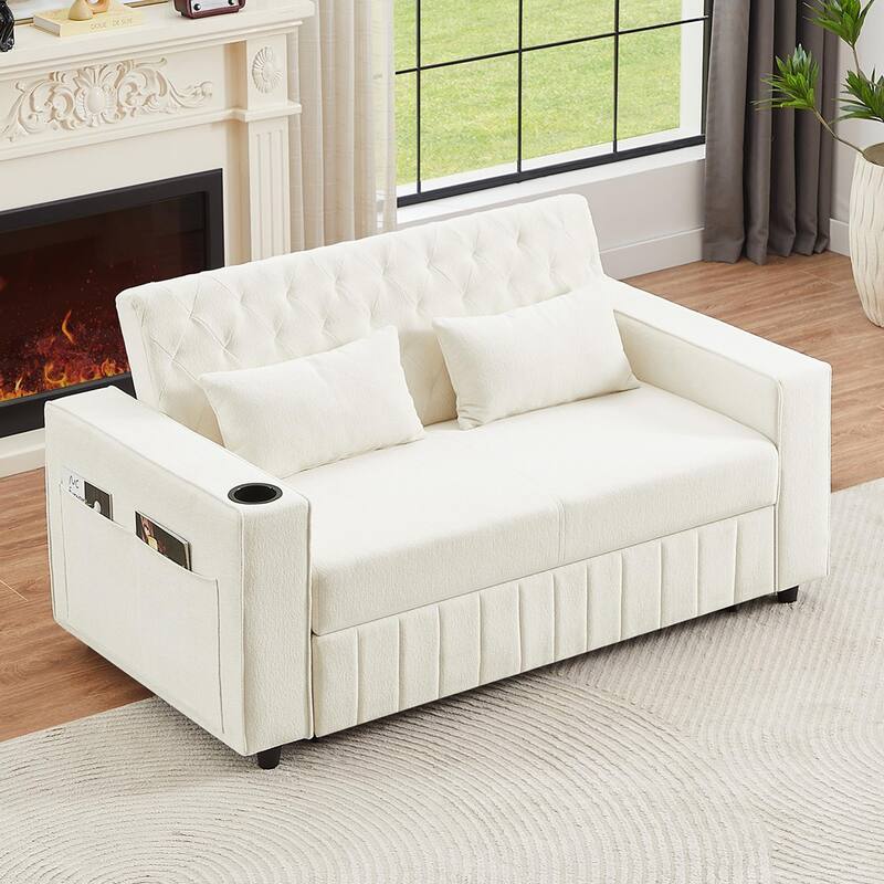 Chenille Pull-out Sofa Bed Convertible Couch, Loveseat Sofa with Adjustable Backrest, Storage Rack, Cup Holders, USB Ports