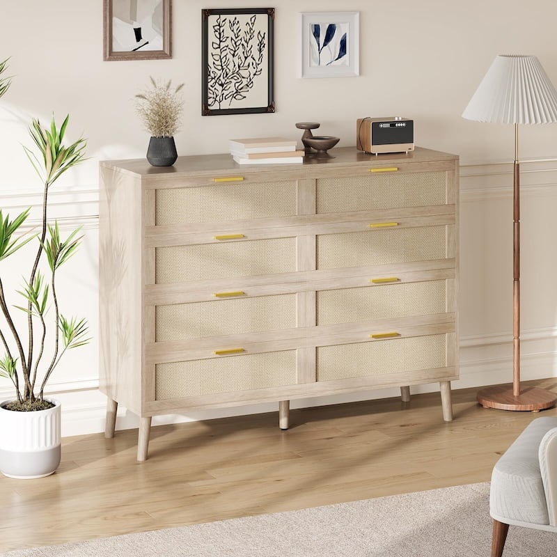8 Drawer Dresser, Natural Rattan Dresser for Bedroom with 5 Strong Legs