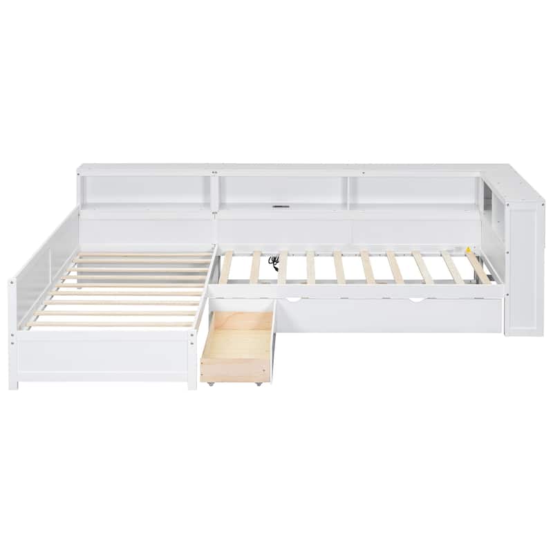 Wood Twin Size L-shaped Platform Bed with Trundle, Charging Station and Storage Shelves