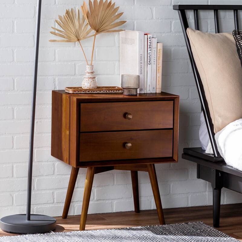Mid-Century Modern Nightstand, Side Table with 2 Storage Drawer, Decorative Table with Solid Wood Legs, Entry Side Table