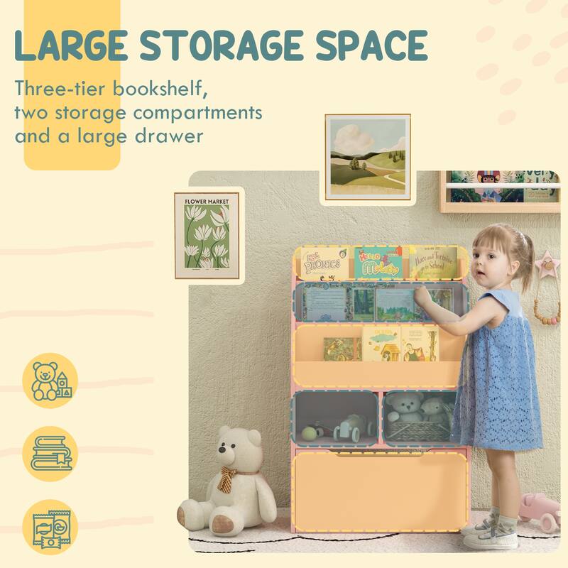 Kids Bookcase Multi-Shelf Rack Organizer with Storage Drawer for Books, Playroom, Pink