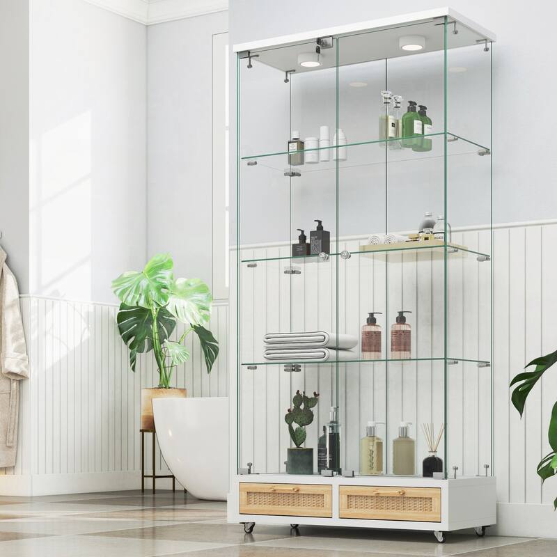 Modern Glass Display Cabinet with Large Drawer for Living Room and Bedroom