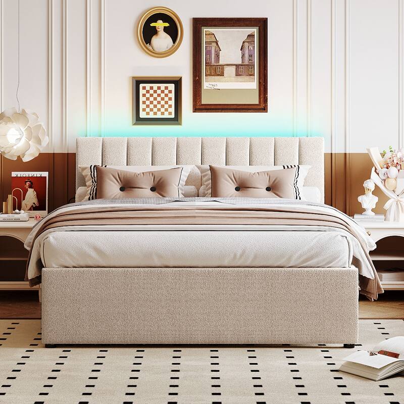 Teddy Fleece Upholstered Platform Bed w/ Trundle, LED Headboard - Beige - Queen