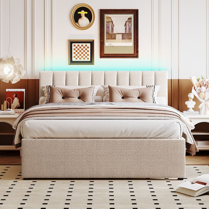 Teddy Fleece Upholstered Platform Bed with Trundle and Smarter LED,Twin/Full/Queen Size