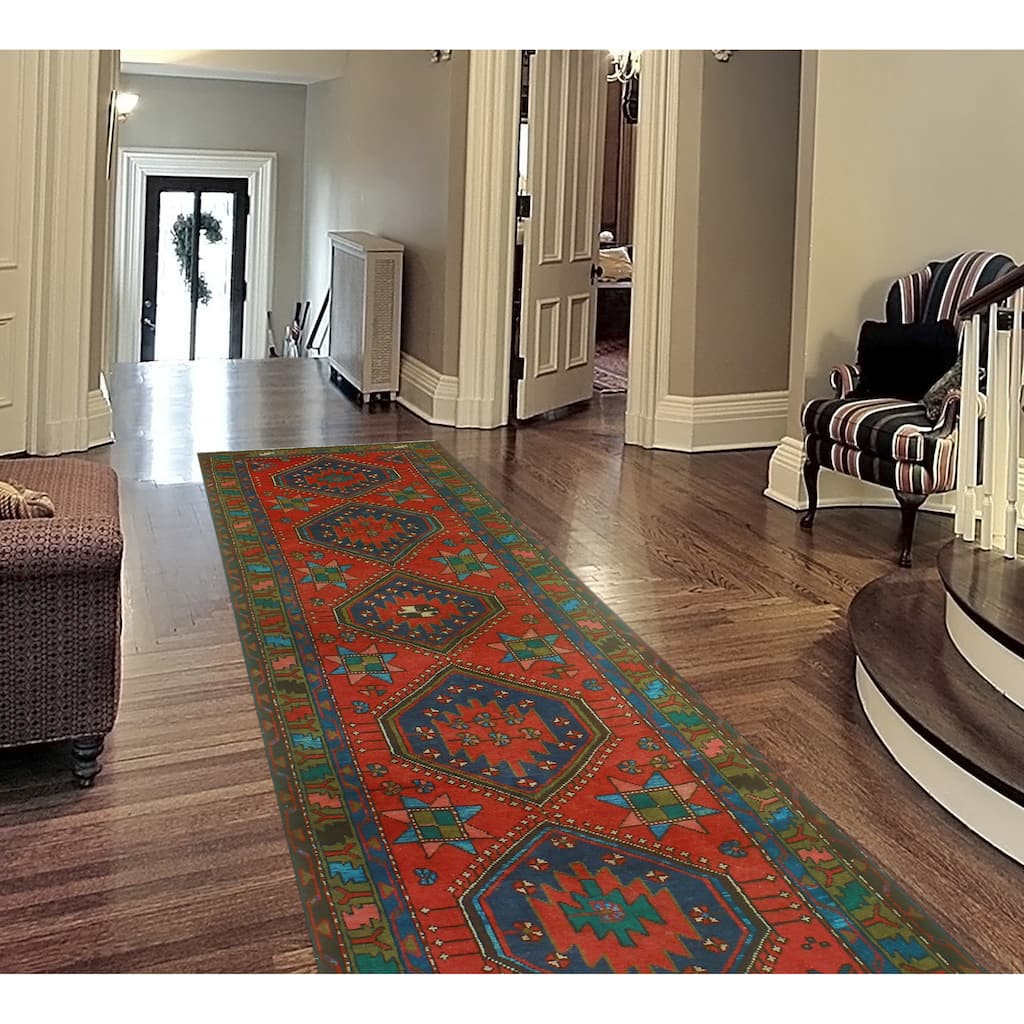 Fine Vintage Distressed Jerilyn Red/Navy Runner - 3'2" x 10'1"