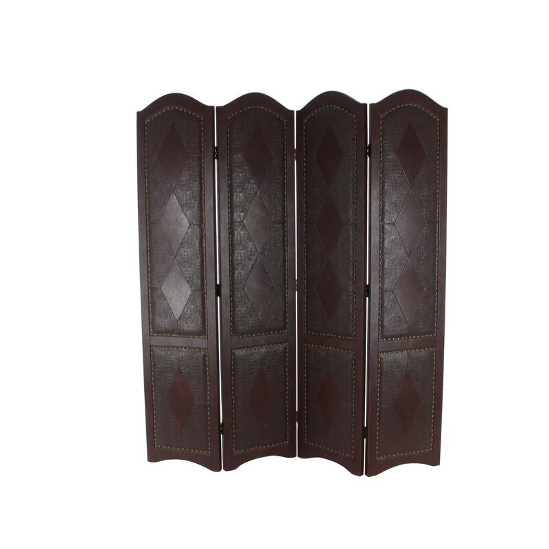 Faux Leather Scroll Hinged Foldable 4 Panel Room Divider Screen with Faux Leather Detailing - Brown - Roche River Decor
