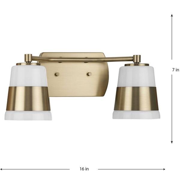 Haven Collection Two-Light Vintage Brass Opal Glass Luxe Industrial Bath Light - 16 in x 6.75 in x 7 in