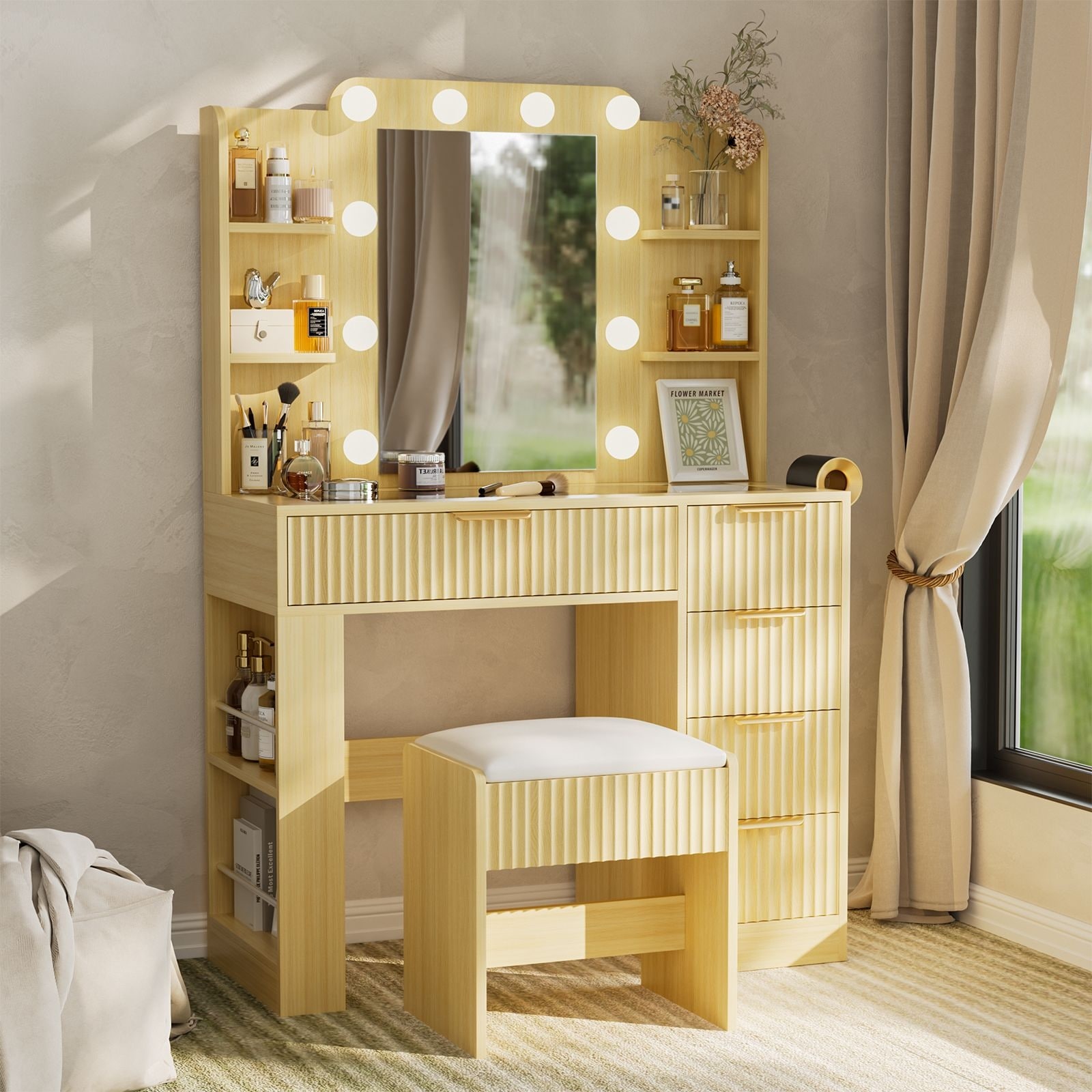 Fluted Makeup Vanity Desk Set with Lighted Mirror, Glass Top, Power Outlet, Drawers & Storage Shelves