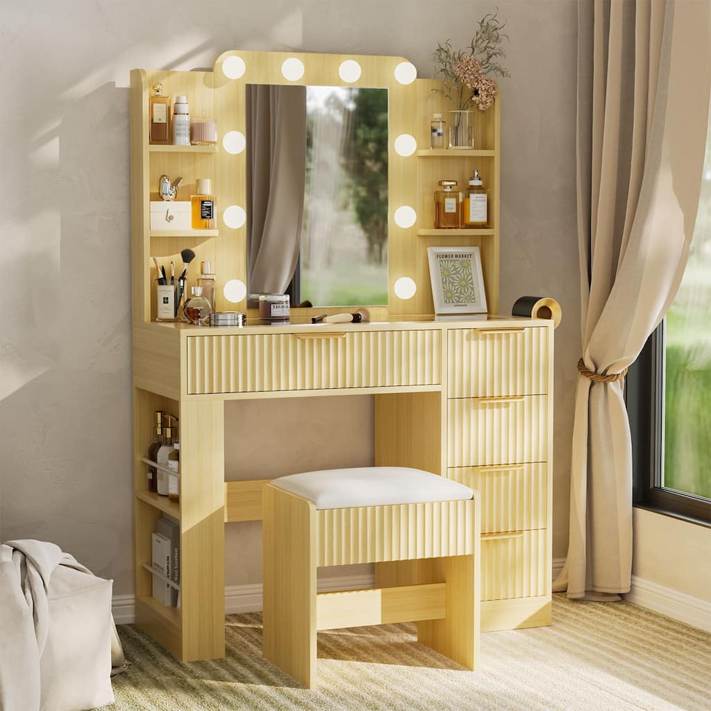 Fluted Makeup Vanity Desk Set with Lighted Mirror, Glass Top, Power Outlet, Drawers & Storage Shelves