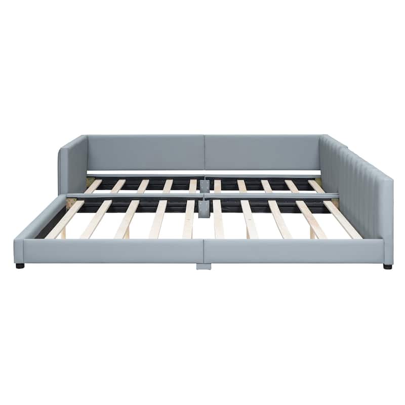Queen + Twin XL Size Leather Mother and Child Bed Set - Convertible Platform Beds with Safety Rails