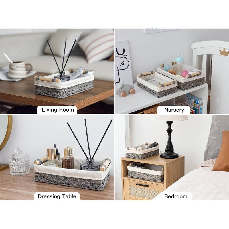 2-pack Natural Wicker Baskets with Liner and Handle, Storage Basket for Bathroom, Living Room, Kitchen - 3.25"D x 12"W x 7.75"H