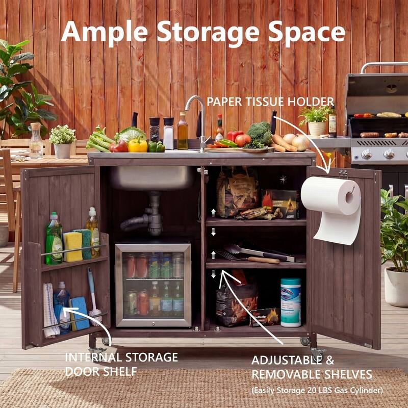 2-Piece Outdoor Kitchen Island Set with Stainless Steel Top and Sink, Drawer and Cabinets for Outdoor Storage w/ Wheels