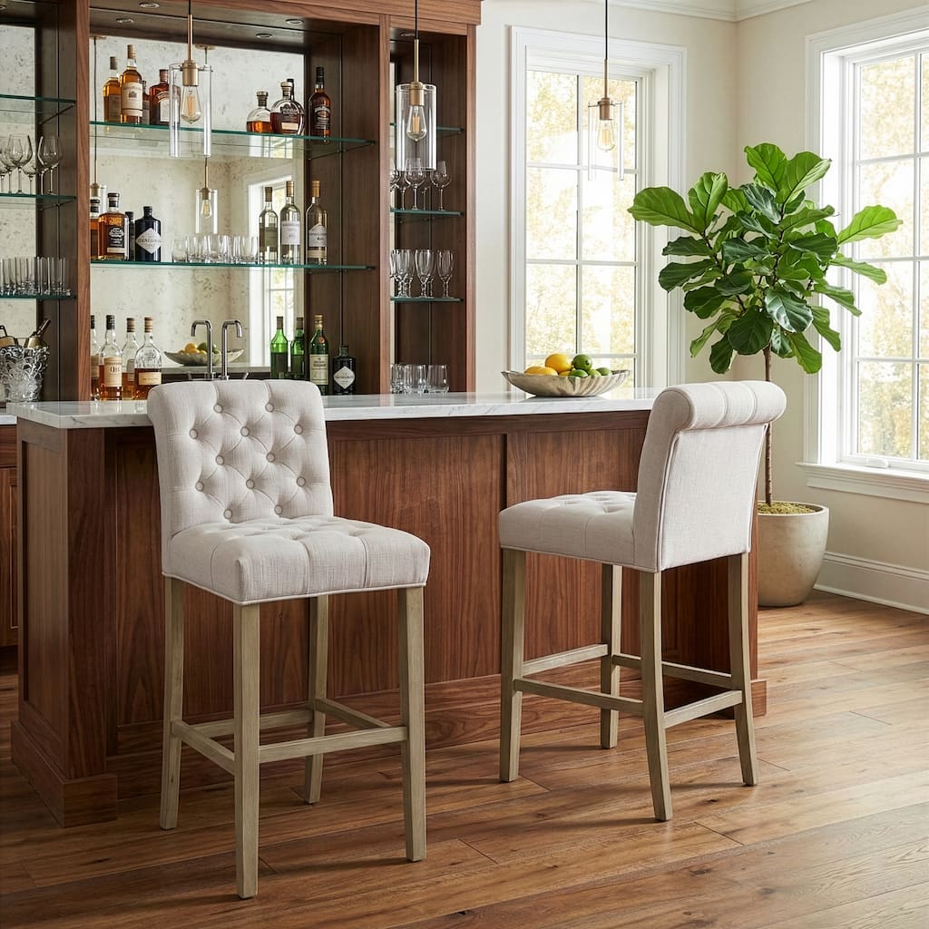 Set of 2 Aleen Beige Fabric Barstool with Roll Back and Tufted Buttons