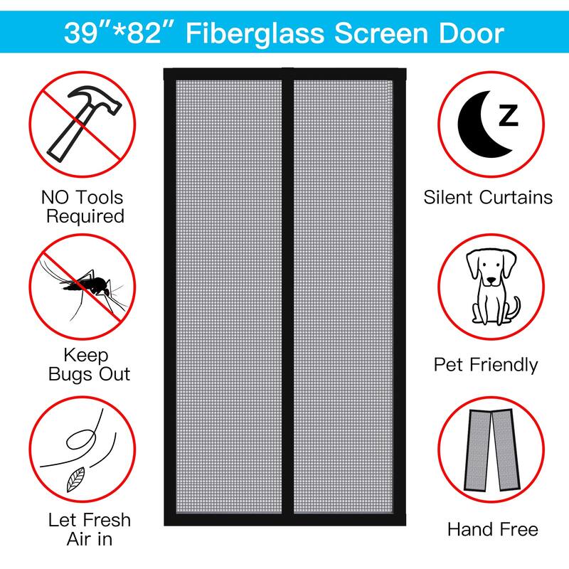 Odoland Magnetic Screen Door with Durable Fiberglass Mosquito Mesh Curtain 37" x 82" - 37" x 82"