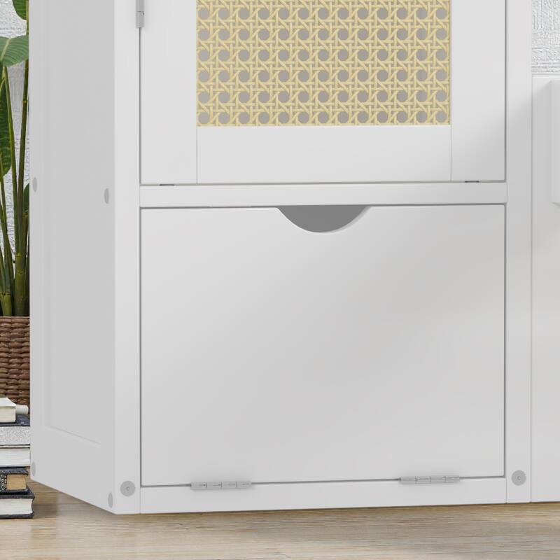 Twin Size Wooden Platform Bed with Rattan Headboard, Storage Lockers, Drawer and Shelf