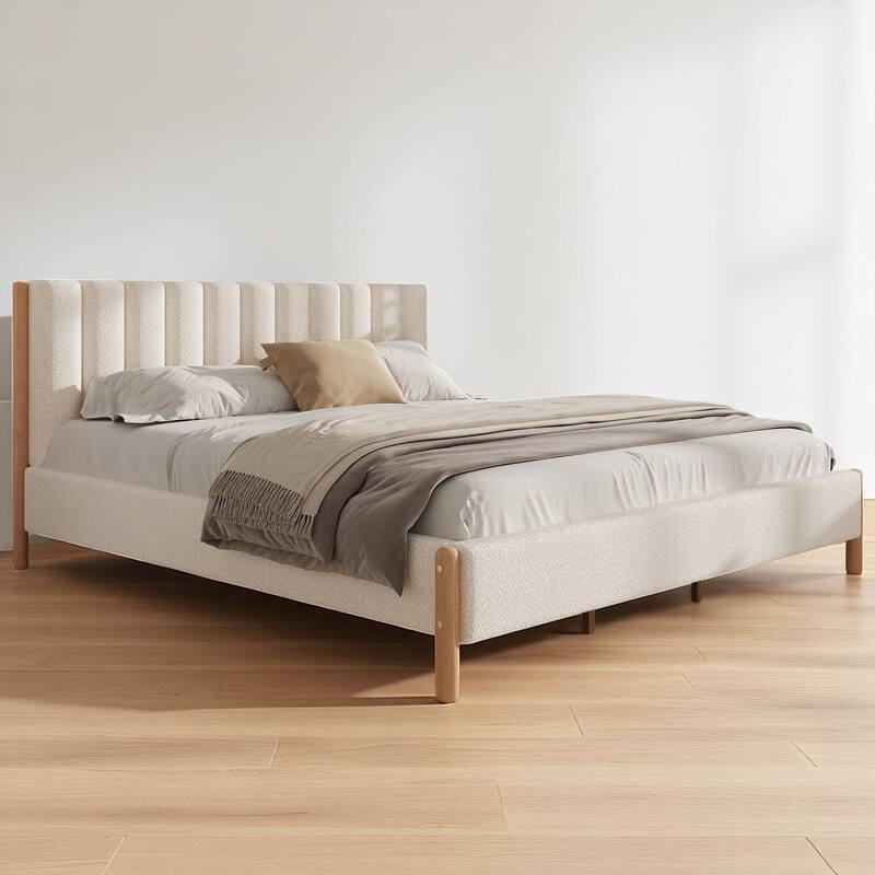 Queen/King Size Boucle Upholstered Platform Bed Frame with Solid Wood Legs and Padded Headboard, White