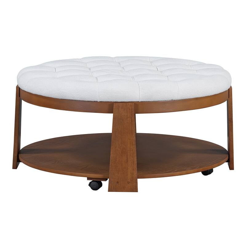 Anmytek 2 Tier Modern Large Round Tufted Ottoman Coffee Table Waterproof Linen Wood Storage Shelf With Wheels