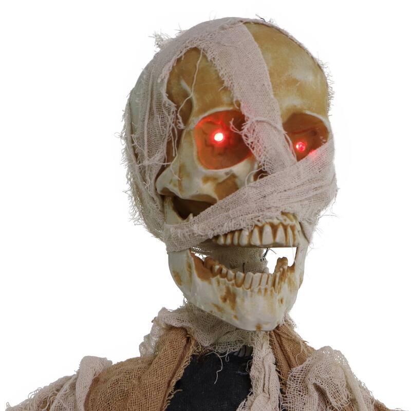 Haunted Hill Farm Danger McRibsey the Animatronic Skeleton Mummy Greeter with Banner for Halloween Decoration