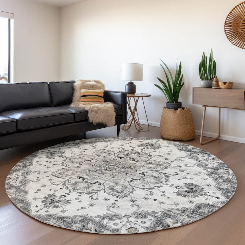 Premium Washable Super Soft Traditional Heriz Mayfield Rug - Fog - 8' x 8' - Round