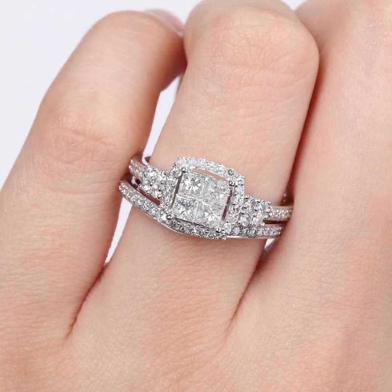 Miadora 7/8ct TDW Princess-Cut Diamond Halo 2-Piece Bridal Ring Set 10k White Gold