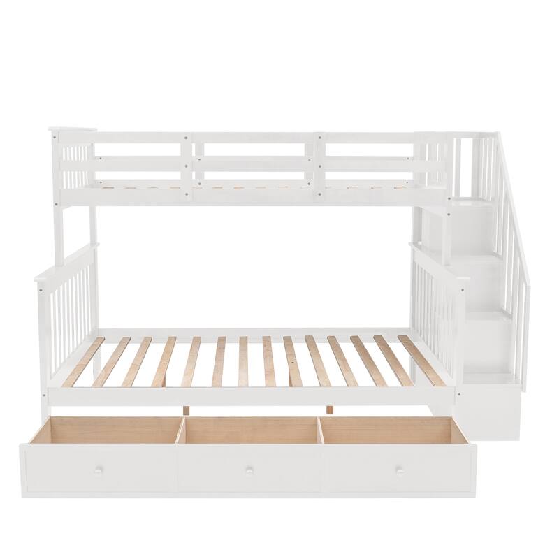 Twin-over-Full Bunk Bed with Drawer and Storage Stairway